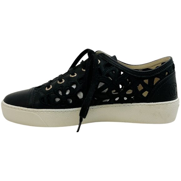 Chanel Black Leather Floral Eyelet Sneakers - Picture 3 of 6